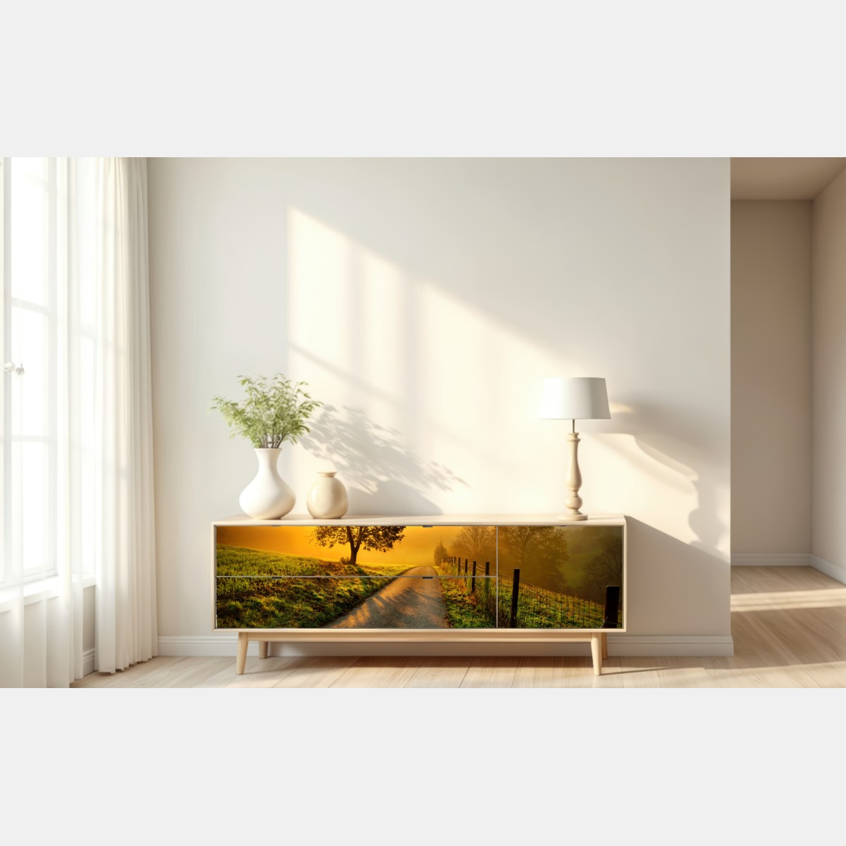Naklejka repozycjonowalna słoneczna droga przez wiejską łąkę o świcie – Wallissimo® Naklejka repozycjonowalna słoneczna droga przez wiejską łąkę o świcie – Wallissimo®