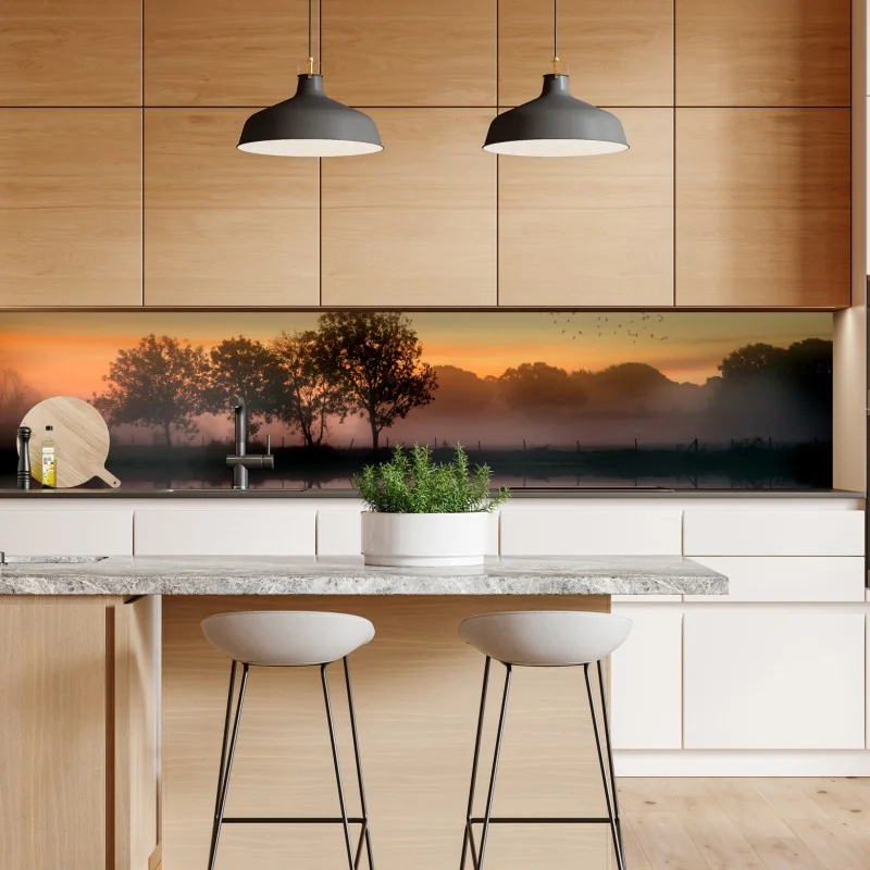 Naklejka repozycjonowalna mglisty jesienny wschód słońca nad Angielską wsią – Wallissimo® Naklejka repozycjonowalna mglisty jesienny wschód słońca nad Angielską wsią – Wallissimo®