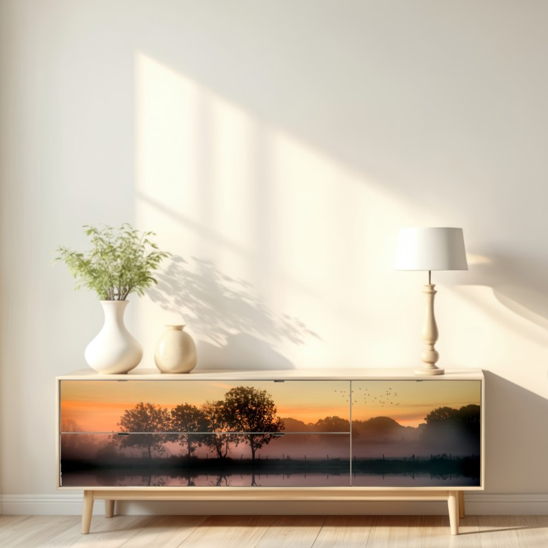 Naklejka repozycjonowalna mglisty jesienny wschód słońca nad Angielską wsią – Wallissimo® Naklejka repozycjonowalna mglisty jesienny wschód słońca nad Angielską wsią – Wallissimo®