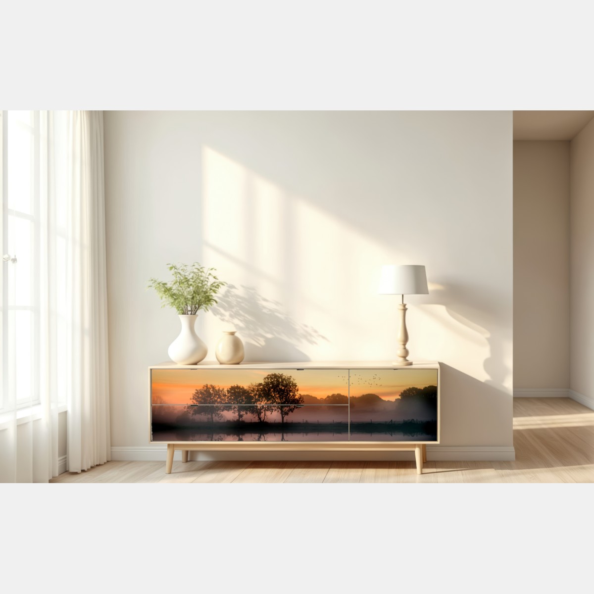 Naklejka repozycjonowalna mglisty jesienny wschód słońca nad Angielską wsią – Wallissimo® Naklejka repozycjonowalna mglisty jesienny wschód słońca nad Angielską wsią – Wallissimo®