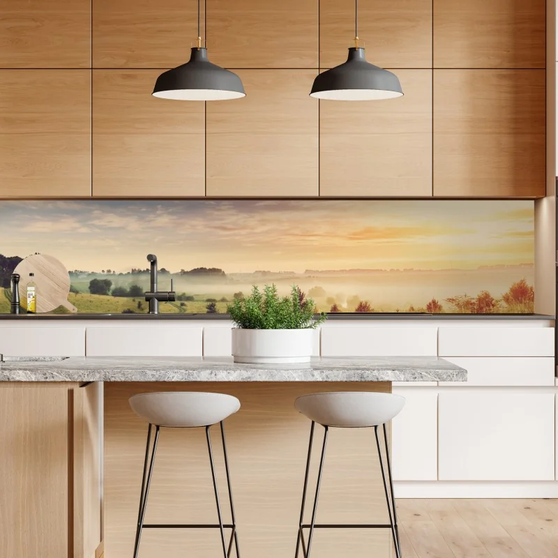 Naklejka repozycjonowalna mglisty wschód słońca nad wiejską łąką – Wallissimo® Naklejka repozycjonowalna mglisty wschód słońca nad wiejską łąką – Wallissimo®