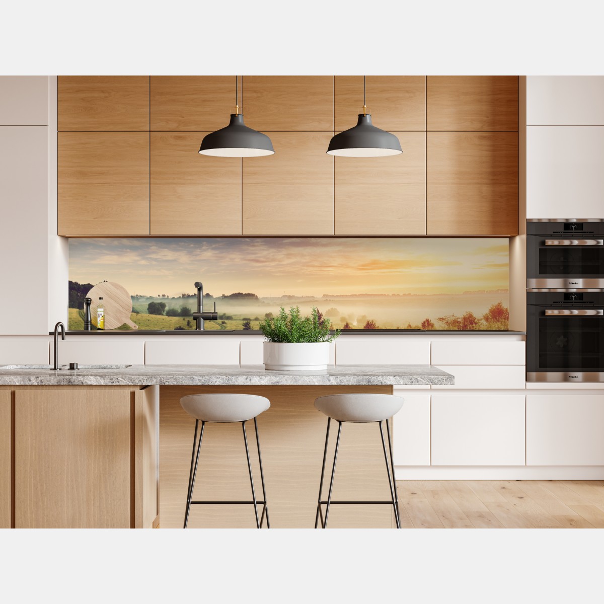 Naklejka repozycjonowalna mglisty wschód słońca nad wiejską łąką – Wallissimo® Naklejka repozycjonowalna mglisty wschód słońca nad wiejską łąką – Wallissimo®