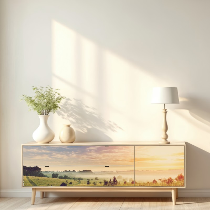 Naklejka repozycjonowalna mglisty wschód słońca nad wiejską łąką – Wallissimo® Naklejka repozycjonowalna mglisty wschód słońca nad wiejską łąką – Wallissimo®