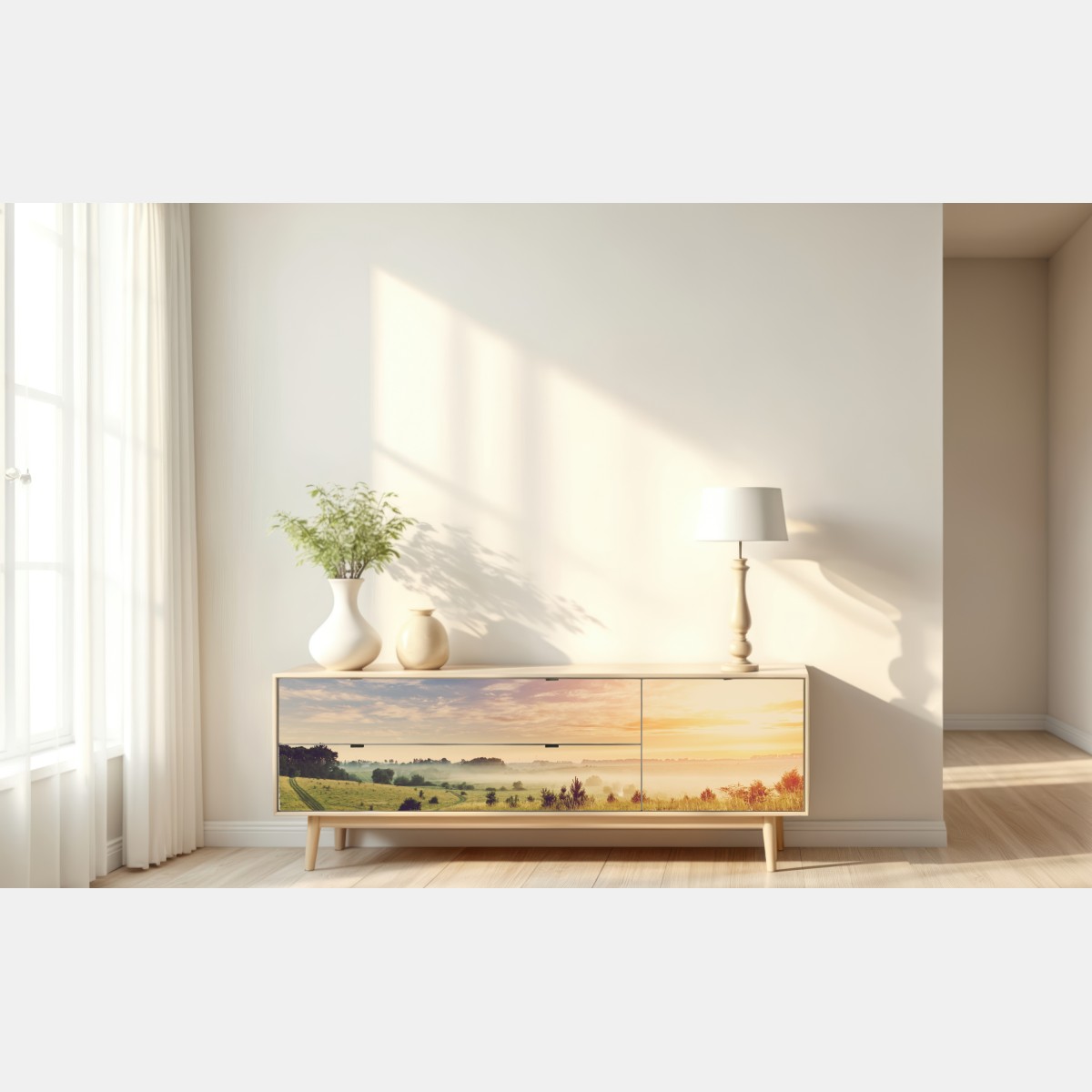 Naklejka repozycjonowalna mglisty wschód słońca nad wiejską łąką – Wallissimo® Naklejka repozycjonowalna mglisty wschód słońca nad wiejską łąką – Wallissimo®