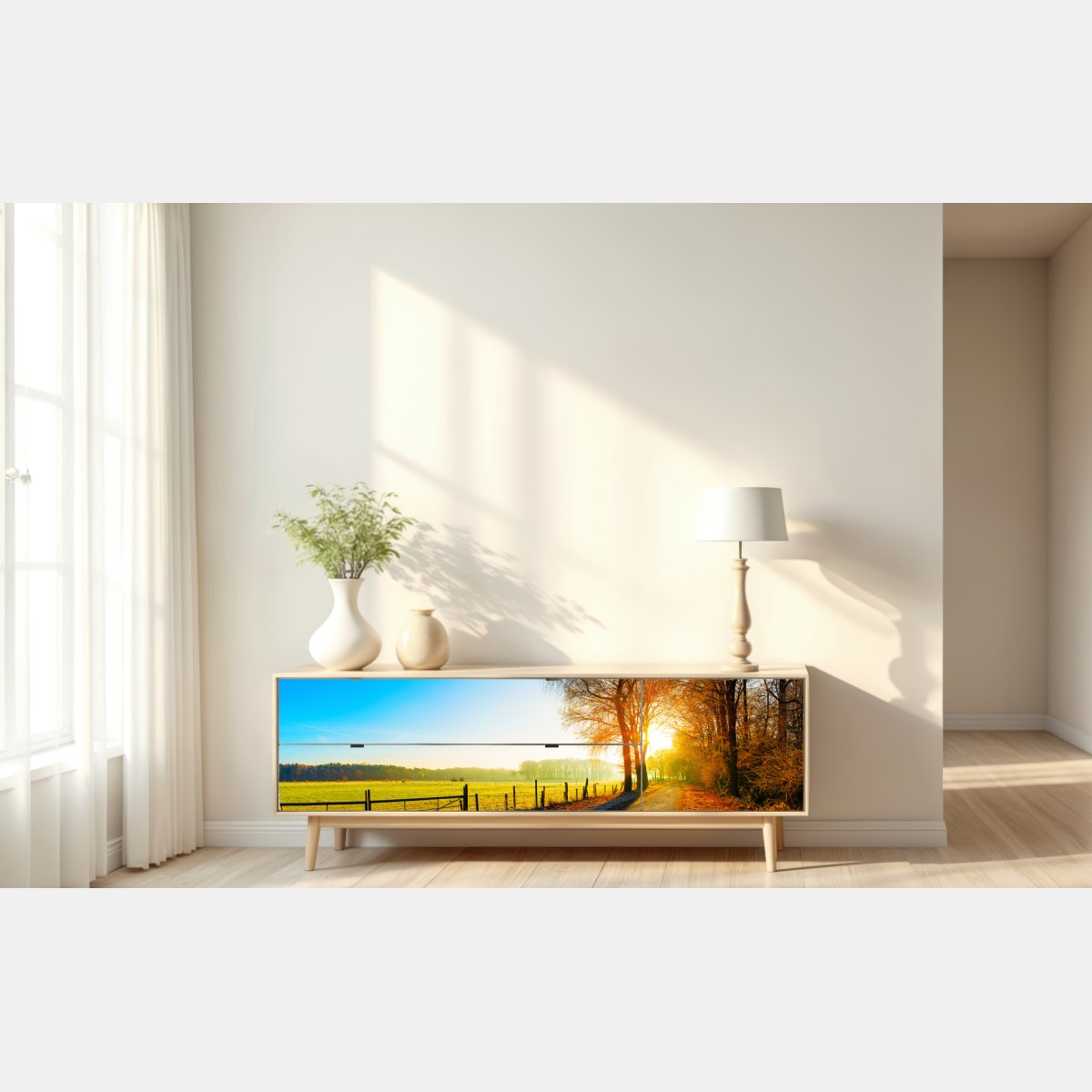 Naklejka repozycjonowalna słoneczna wiejska droga przez jesienną łąkę – Wallissimo® Naklejka repozycjonowalna słoneczna wiejska droga przez jesienną łąkę – Wallissimo®