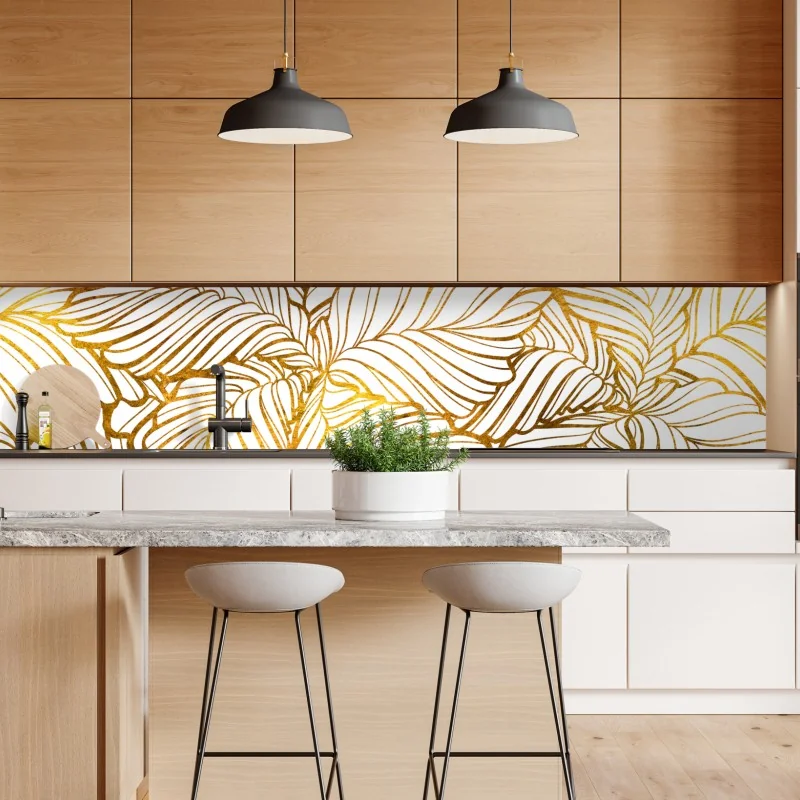 Naklejka repozycjonowalna złote liście w stylu line art – Wallissimo® Naklejka repozycjonowalna złote liście w stylu line art – Wallissimo®