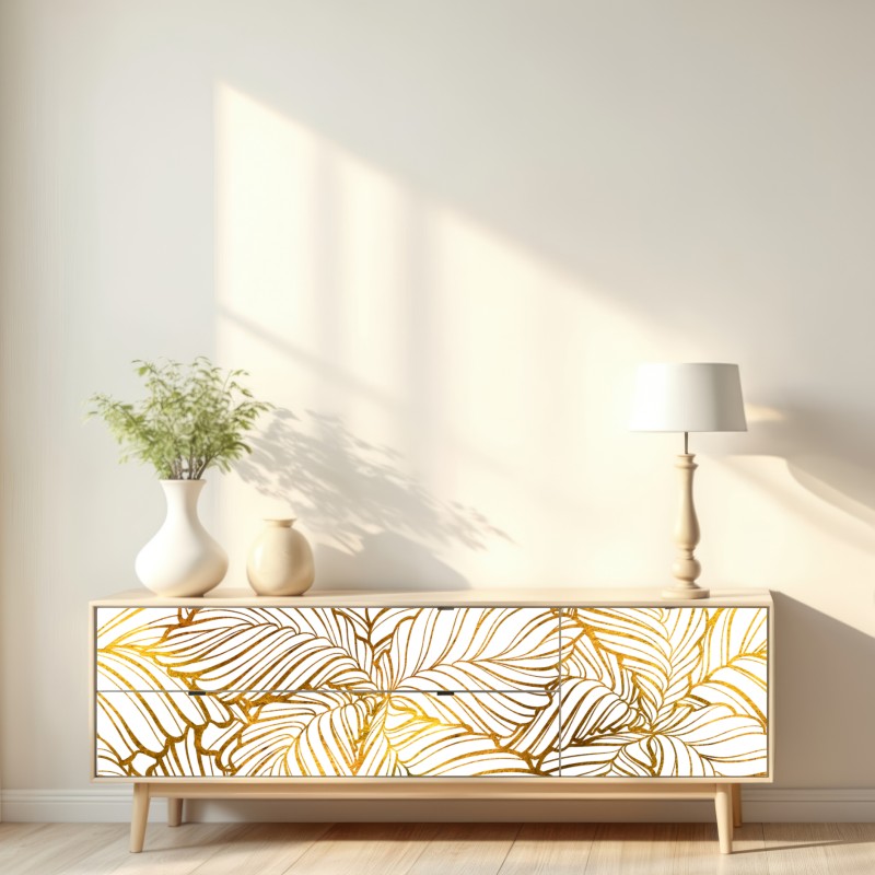 Naklejka repozycjonowalna złote liście w stylu line art – Wallissimo® Naklejka repozycjonowalna złote liście w stylu line art – Wallissimo®