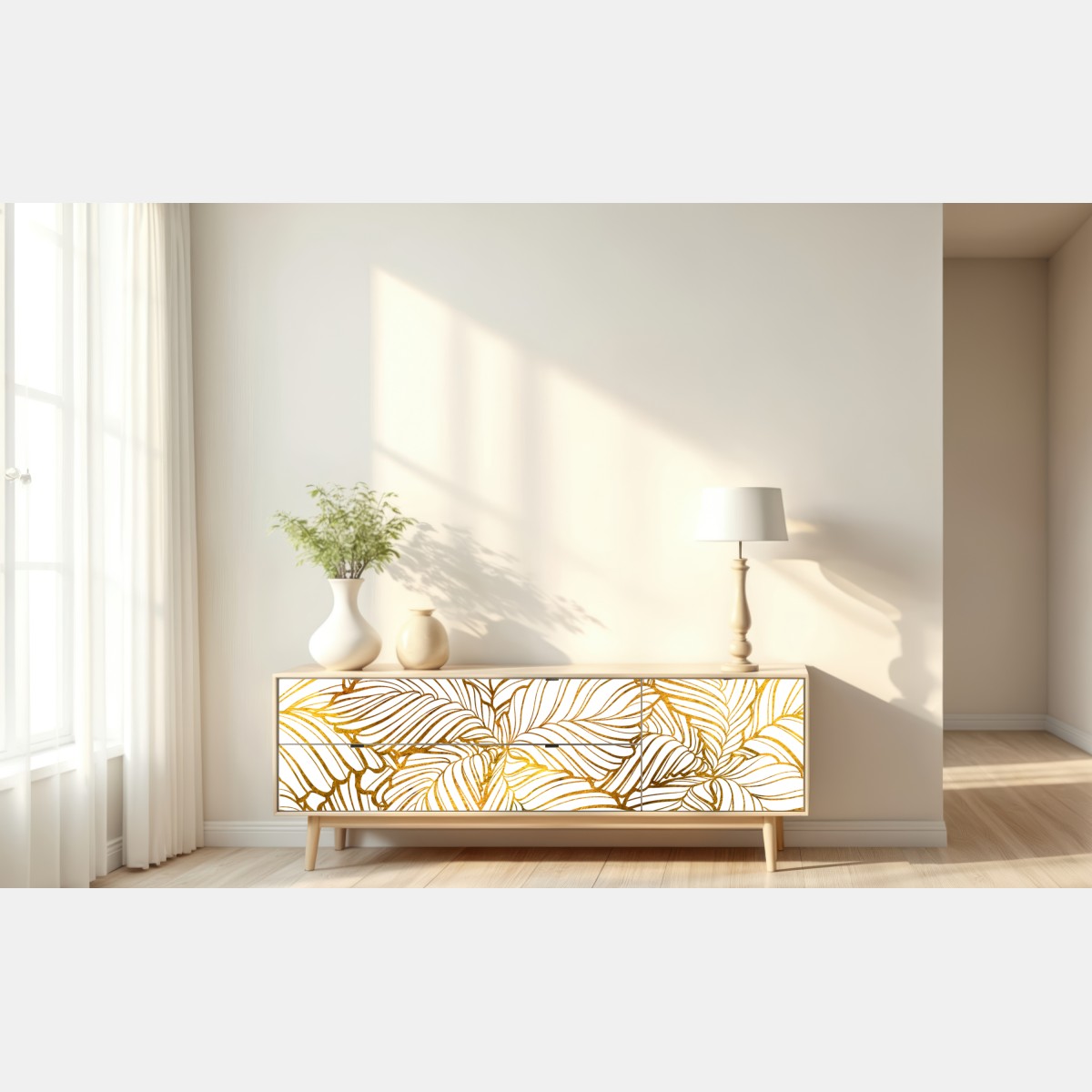 Naklejka repozycjonowalna złote liście w stylu line art – Wallissimo® Naklejka repozycjonowalna złote liście w stylu line art – Wallissimo®