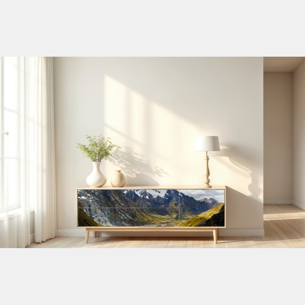 Naklejka repozycjonowalna turkusowe jezioro u stóp zaśnieżonych szczytów – Wallissimo® Naklejka repozycjonowalna turkusowe jezioro u stóp zaśnieżonych szczytów – Wallissimo®