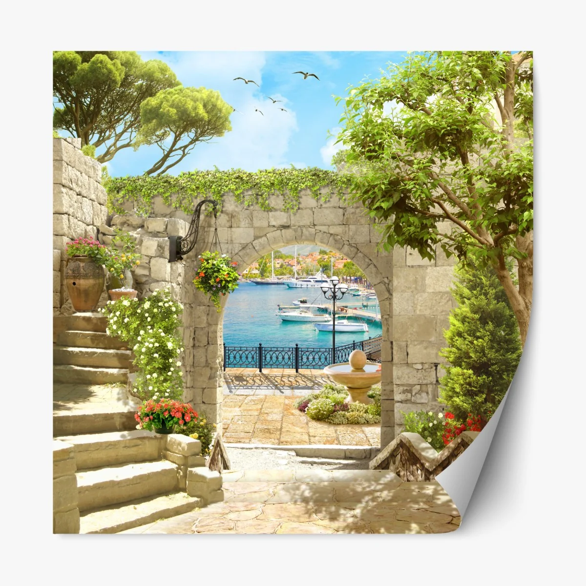 Naklejka repozycjonowalna śródziemnomorski widok przez arkadę – Wallissimo® Naklejka repozycjonowalna śródziemnomorski widok przez arkadę – Wallissimo®