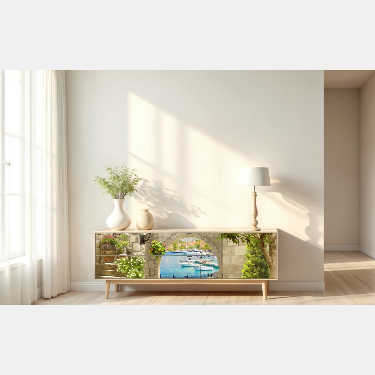 Naklejka repozycjonowalna śródziemnomorski widok przez arkadę – Wallissimo® Naklejka repozycjonowalna śródziemnomorski widok przez arkadę – Wallissimo®