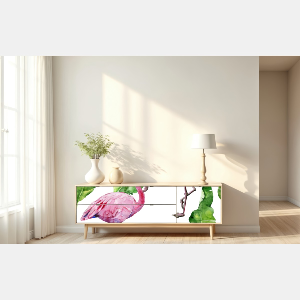 Naklejka repozycjonowalna różowy flaming w akwareli – Wallissimo® Naklejka repozycjonowalna różowy flaming w akwareli – Wallissimo®