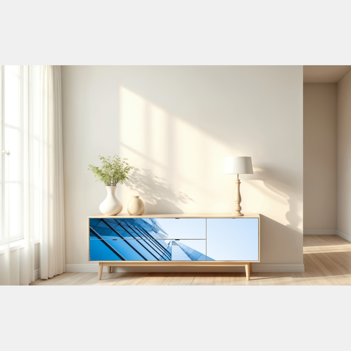 Naklejka repozycjonowalna nowoczesna niebieska szklana elewacja – Wallissimo® Naklejka repozycjonowalna nowoczesna niebieska szklana elewacja – Wallissimo®