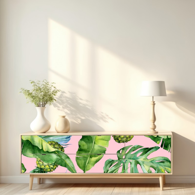 Naklejka repozycjonowalna tropikalny wzór ananasów i liści w akwareli na różowym tle – Wallissimo® Naklejka repozycjonowalna tropikalny wzór ananasów i liści w akwareli na różowym tle – Wallissimo®