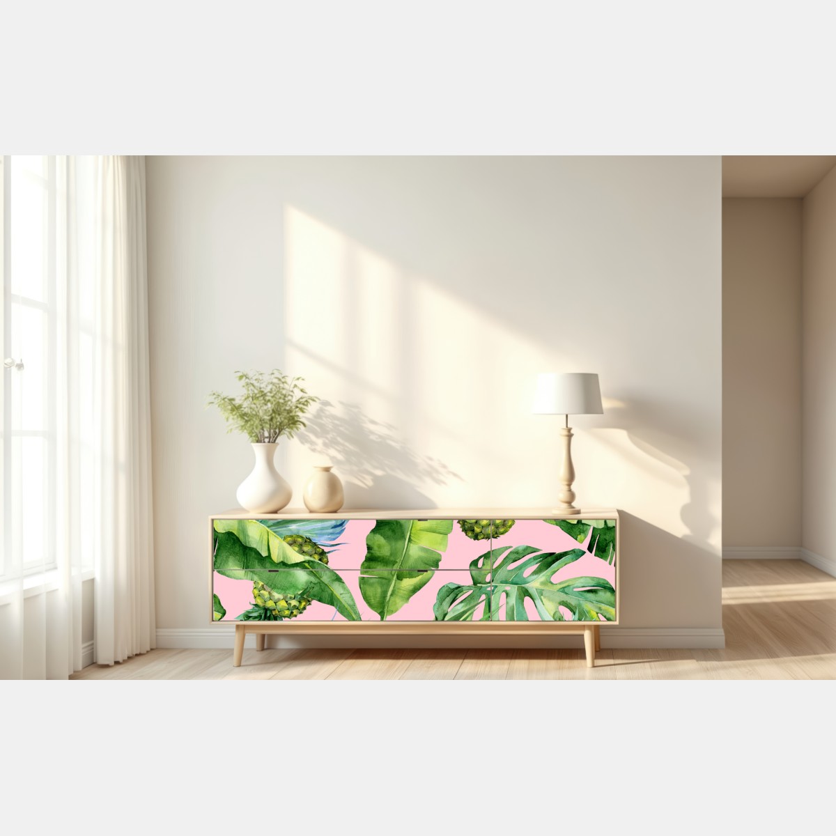 Naklejka repozycjonowalna tropikalny wzór ananasów i liści w akwareli na różowym tle – Wallissimo® Naklejka repozycjonowalna tropikalny wzór ananasów i liści w akwareli na różowym tle – Wallissimo®