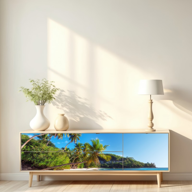 Naklejka repozycjonowalna tropikalna plaża z palmami – Wallissimo® Naklejka repozycjonowalna tropikalna plaża z palmami – Wallissimo®