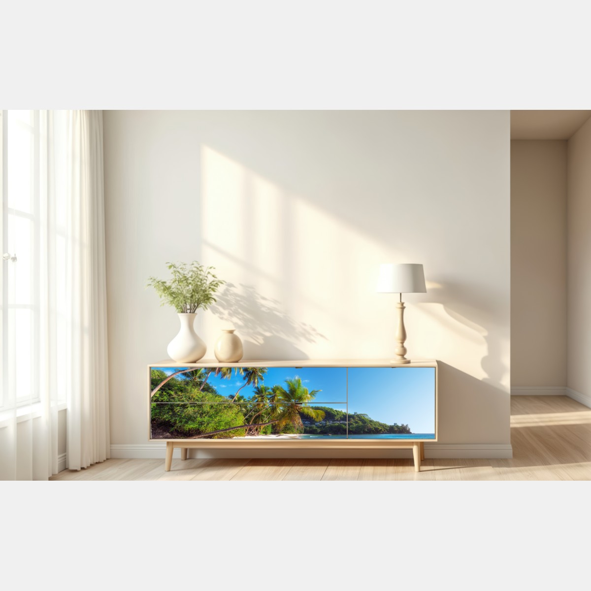 Naklejka repozycjonowalna tropikalna plaża z palmami – Wallissimo® Naklejka repozycjonowalna tropikalna plaża z palmami – Wallissimo®