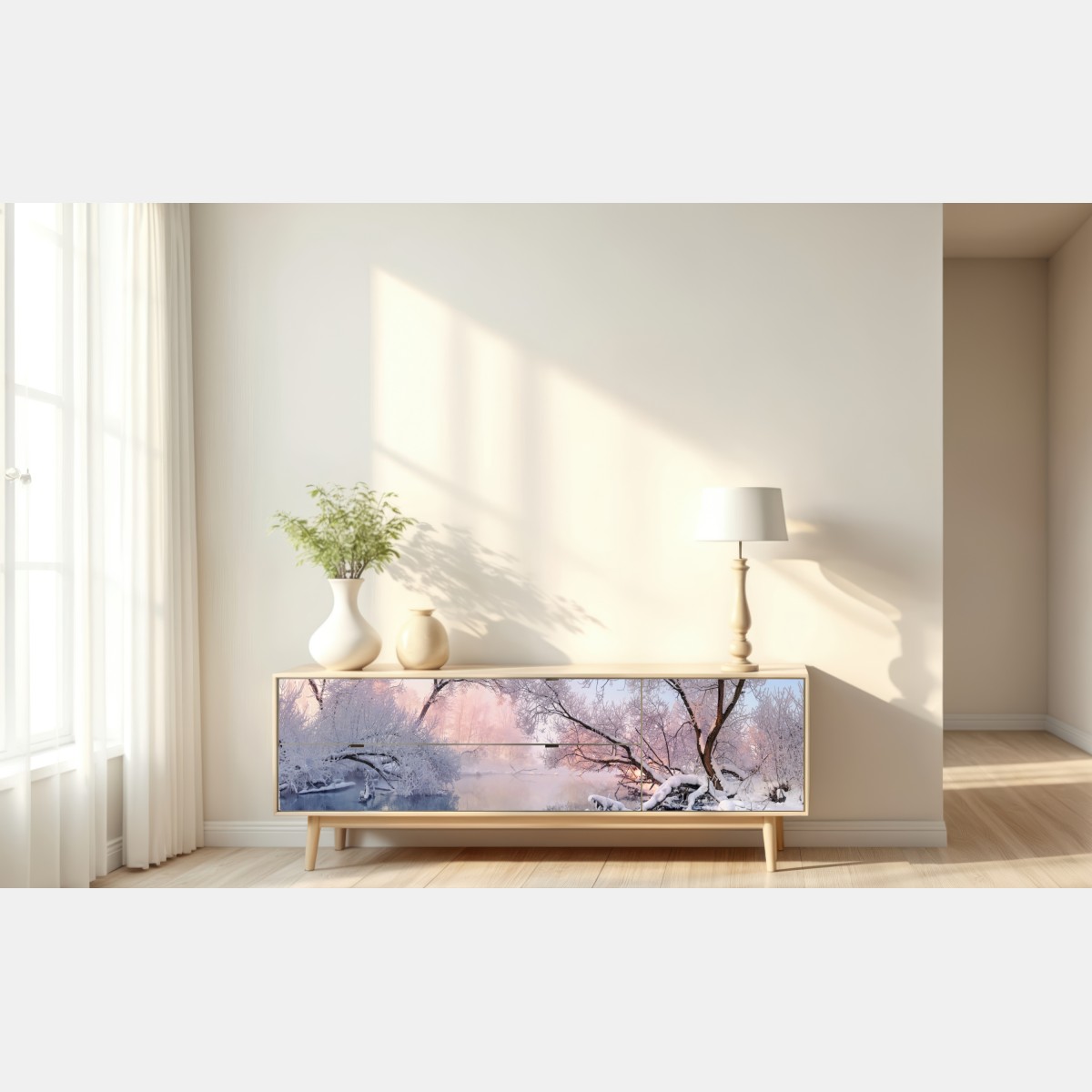 Naklejka repozycjonowalna spokojny zimowy krajobraz nad rzeką – Wallissimo® Naklejka repozycjonowalna spokojny zimowy krajobraz nad rzeką – Wallissimo®