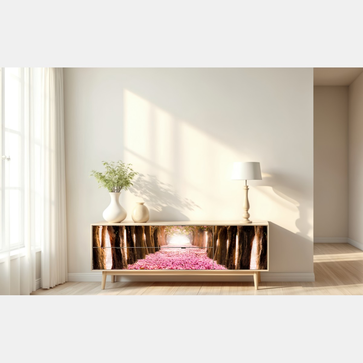 Naklejka repozycjonowalna różowa aleja kwiatów wiśni – Wallissimo® Naklejka repozycjonowalna różowa aleja kwiatów wiśni – Wallissimo®