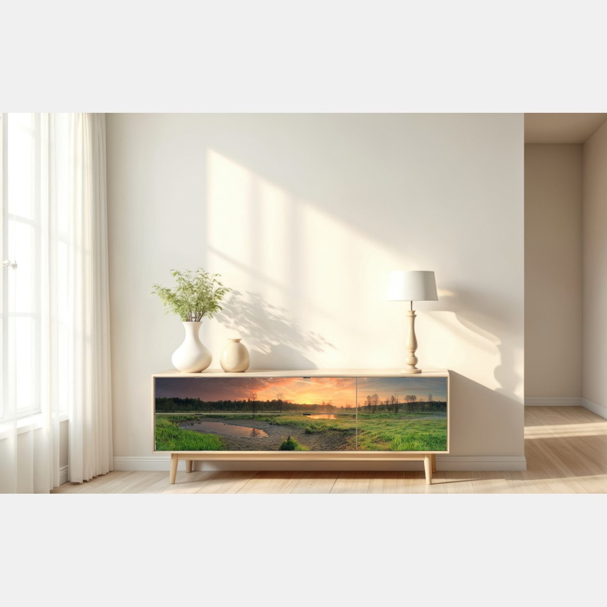 Naklejka repozycjonowalna zachód słońca nad spokojną łąką – Wallissimo® Naklejka repozycjonowalna zachód słońca nad spokojną łąką – Wallissimo®