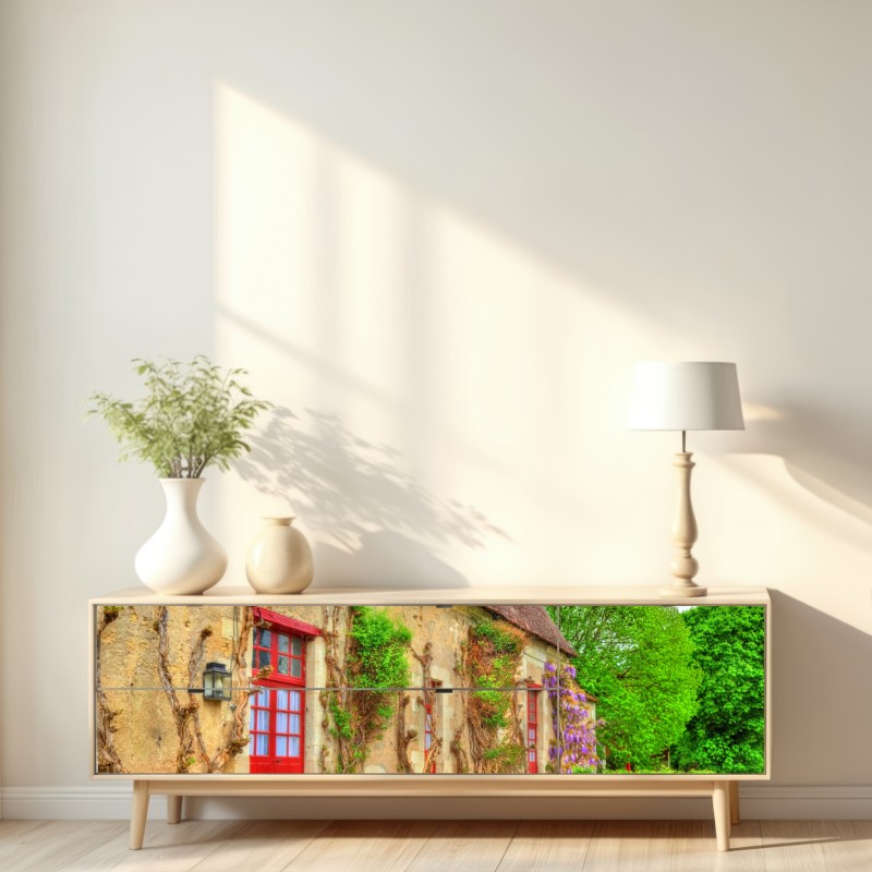 Naklejka repozycjonowalna uroczy domek z kwitnącą glicynią – Wallissimo® Naklejka repozycjonowalna uroczy domek z kwitnącą glicynią – Wallissimo®