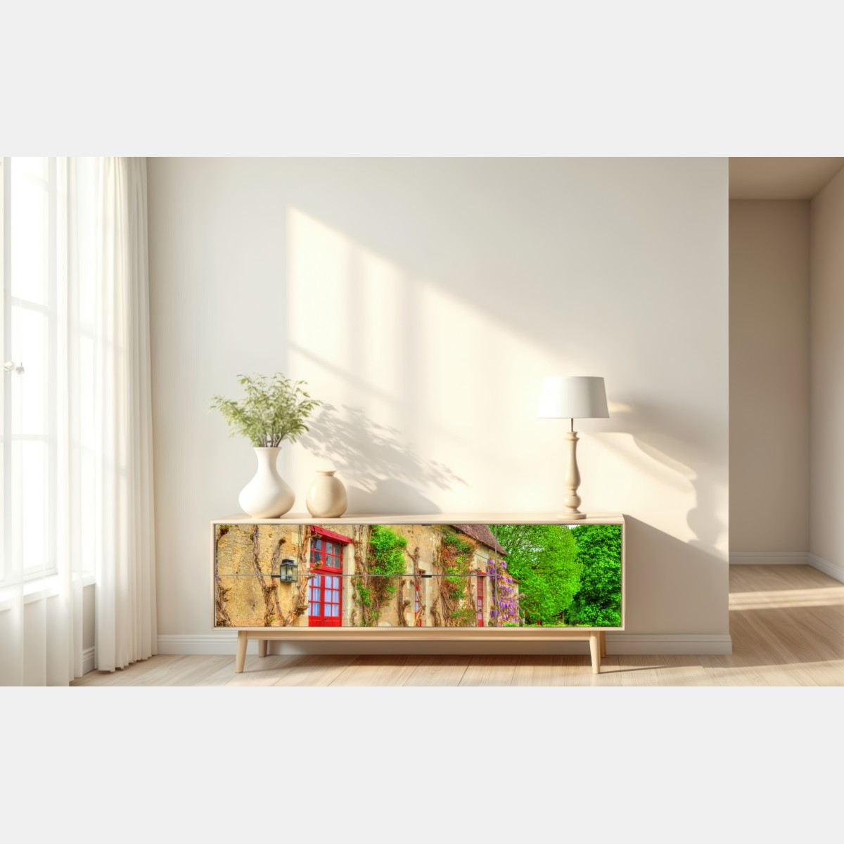 Naklejka repozycjonowalna uroczy domek z kwitnącą glicynią – Wallissimo® Naklejka repozycjonowalna uroczy domek z kwitnącą glicynią – Wallissimo®