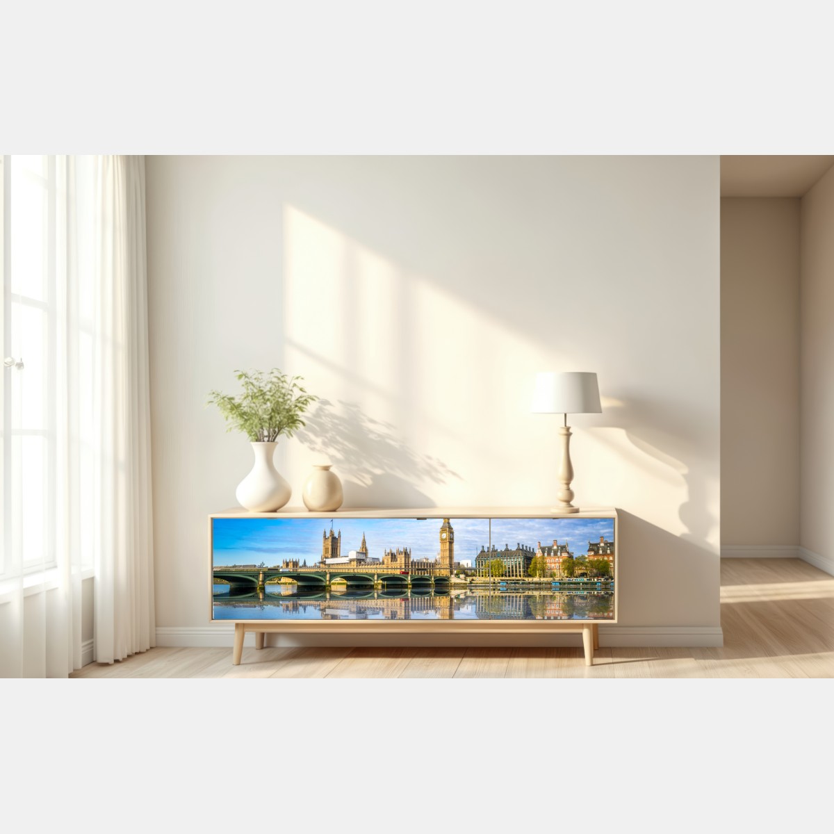 Naklejka repozycjonowalna Londyn panorama nad rzeką z odbiciem – Wallissimo® Naklejka repozycjonowalna Londyn panorama nad rzeką z odbiciem – Wallissimo®