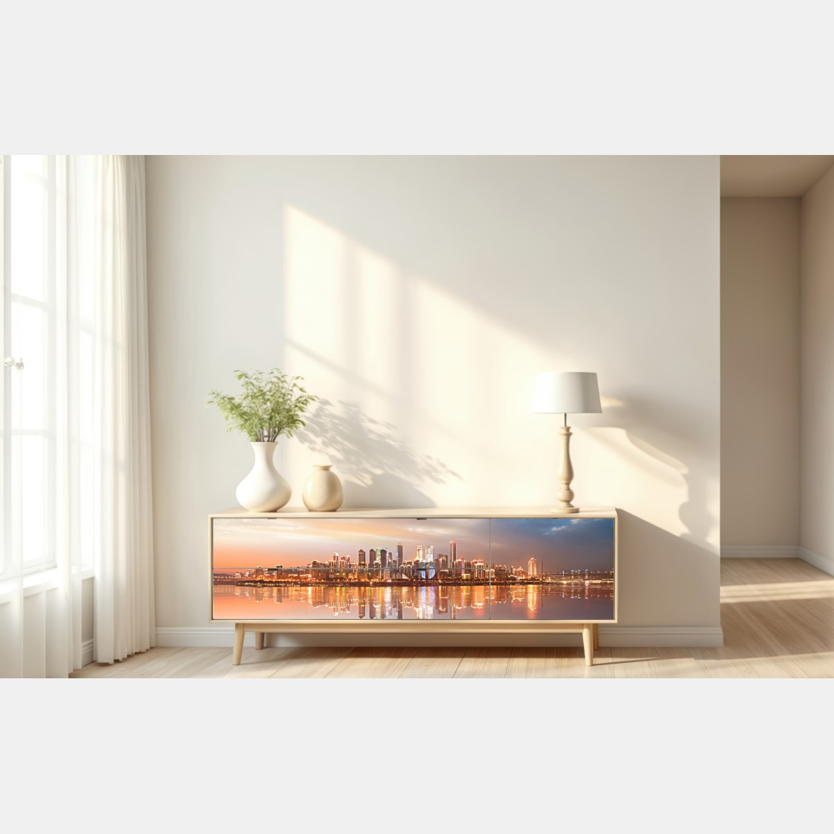 Naklejka repozycjonowalna panorama miasta odbita w wodzie o zmierzchu – Wallissimo® Naklejka repozycjonowalna panorama miasta odbita w wodzie o zmierzchu – Wallissimo®