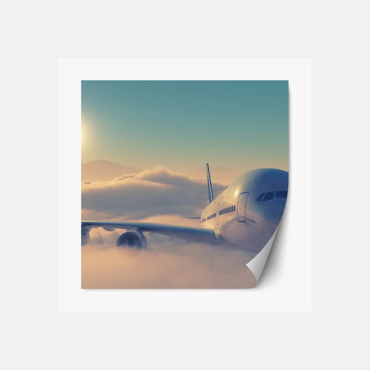 Naklejka repozycjonowalna samolot nad chmurami o wschodzie słońca – Wallissimo® Naklejka repozycjonowalna samolot nad chmurami o wschodzie słońca – Wallissimo®