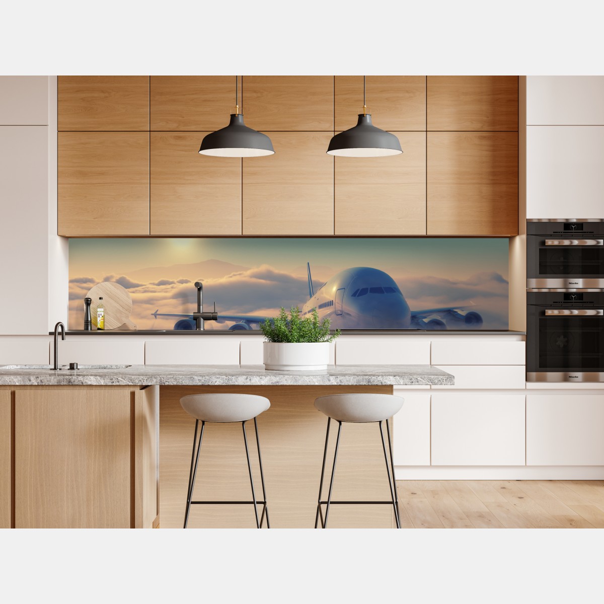 Naklejka repozycjonowalna samolot nad chmurami o wschodzie słońca – Wallissimo® Naklejka repozycjonowalna samolot nad chmurami o wschodzie słońca – Wallissimo®