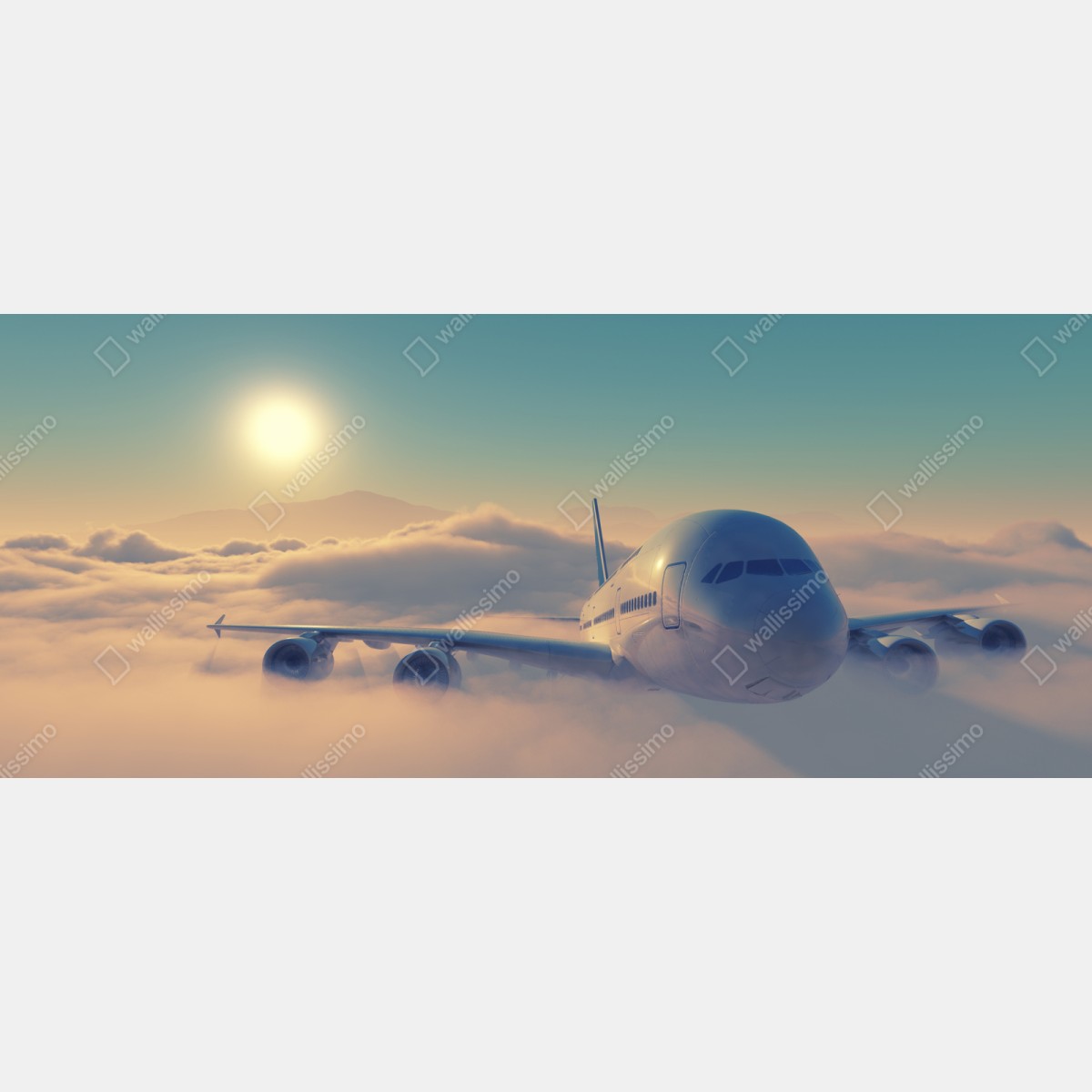 Naklejka repozycjonowalna samolot nad chmurami o wschodzie słońca – Wallissimo® Naklejka repozycjonowalna samolot nad chmurami o wschodzie słońca – Wallissimo®