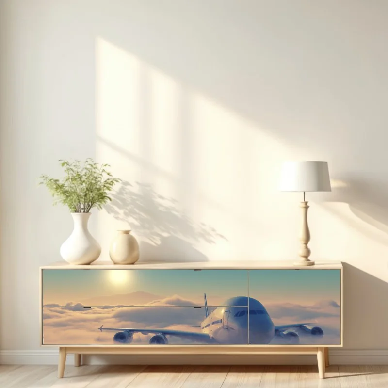 Naklejka repozycjonowalna samolot nad chmurami o wschodzie słońca – Wallissimo® Naklejka repozycjonowalna samolot nad chmurami o wschodzie słońca – Wallissimo®