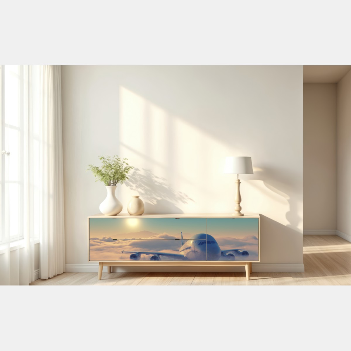 Naklejka repozycjonowalna samolot nad chmurami o wschodzie słońca – Wallissimo® Naklejka repozycjonowalna samolot nad chmurami o wschodzie słońca – Wallissimo®