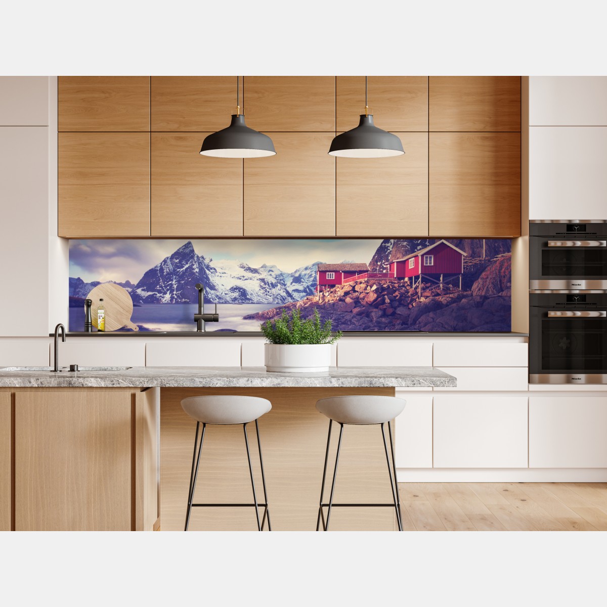 Naklejka repozycjonowalna górski nadmorski krajobraz z czerwonymi domkami – Wallissimo® Naklejka repozycjonowalna górski nadmorski krajobraz z czerwonymi domkami – Wallissimo®