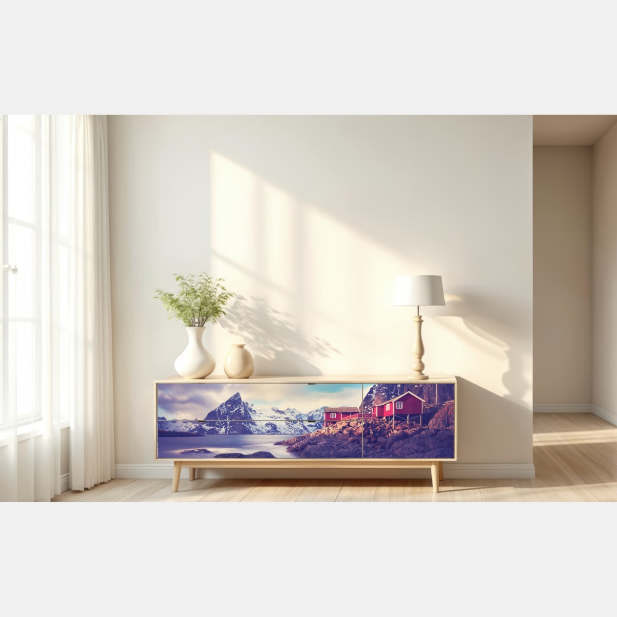 Naklejka repozycjonowalna górski nadmorski krajobraz z czerwonymi domkami – Wallissimo® Naklejka repozycjonowalna górski nadmorski krajobraz z czerwonymi domkami – Wallissimo®