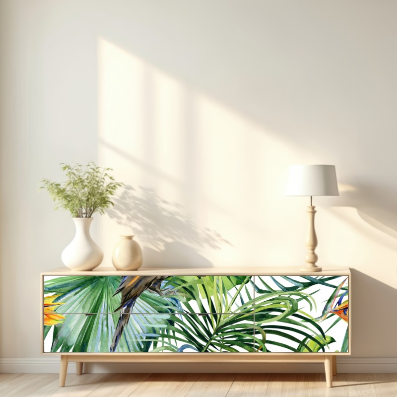 Naklejka repozycjonowalna akwarelowy tukan w tropikalnym wzorze – Wallissimo® Naklejka repozycjonowalna akwarelowy tukan w tropikalnym wzorze – Wallissimo®