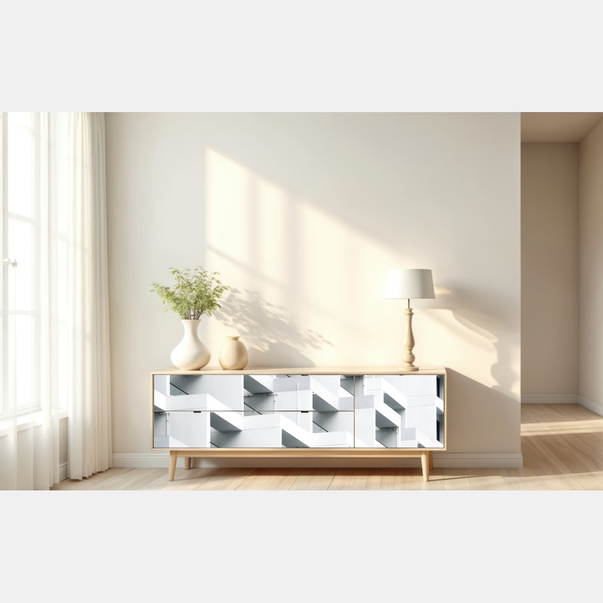 Naklejka repozycjonowalna biała betonowa fasada w geometrycznym wzorze – Wallissimo® Naklejka repozycjonowalna biała betonowa fasada w geometrycznym wzorze – Wallissimo®