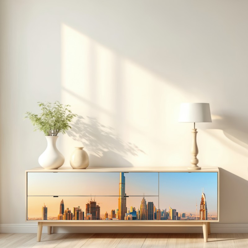 Naklejka repozycjonowalna panorama Dubaju o złotej godzinie – Wallissimo® Naklejka repozycjonowalna panorama Dubaju o złotej godzinie – Wallissimo®