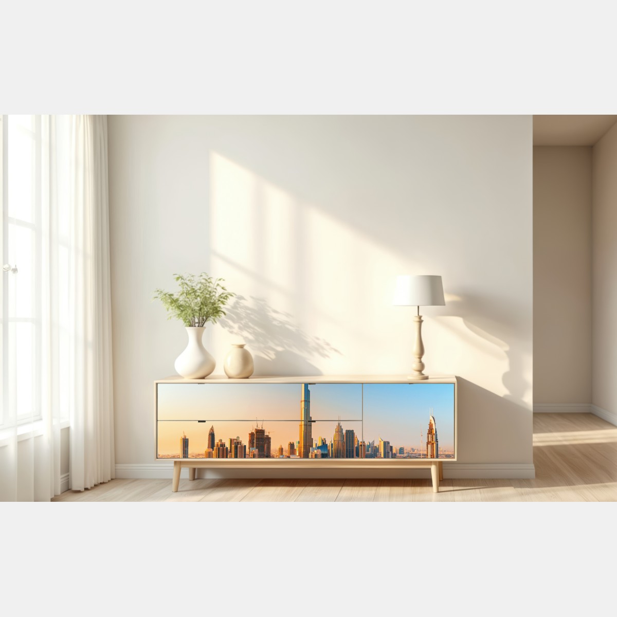 Naklejka repozycjonowalna panorama Dubaju o złotej godzinie – Wallissimo® Naklejka repozycjonowalna panorama Dubaju o złotej godzinie – Wallissimo®