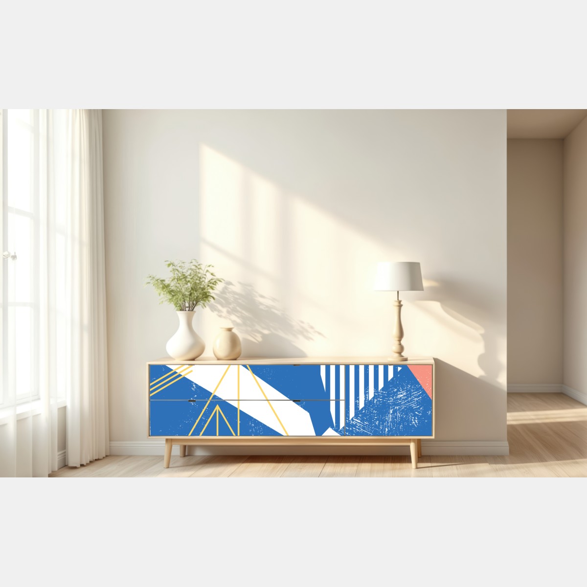 Naklejka repozycjonowalna geometryczna abstrakcja w odcieniach niebieskiego – Wallissimo® Naklejka repozycjonowalna geometryczna abstrakcja w odcieniach niebieskiego – Wallissimo®