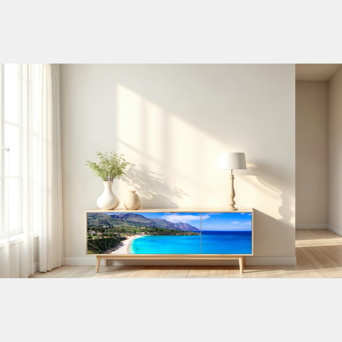 Naklejka repozycjonowalna turkusowy nadmorski pejzaż plaży – Wallissimo® Naklejka repozycjonowalna turkusowy nadmorski pejzaż plaży – Wallissimo®