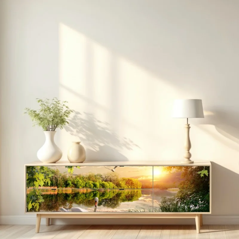 Naklejka repozycjonowalna zachód słońca z łabędziem nad jeziorem – Wallissimo® Naklejka repozycjonowalna zachód słońca z łabędziem nad jeziorem – Wallissimo®