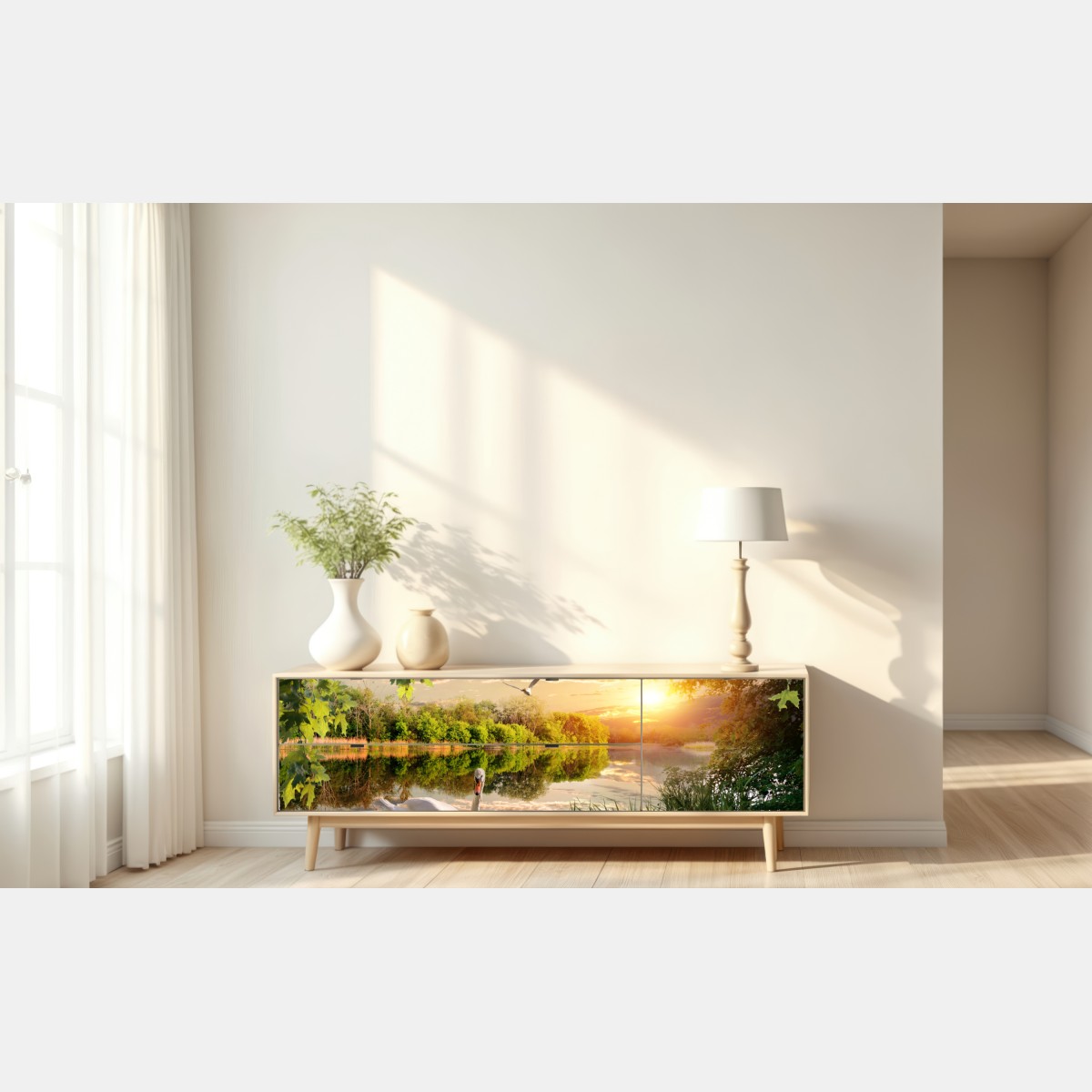 Naklejka repozycjonowalna zachód słońca z łabędziem nad jeziorem – Wallissimo® Naklejka repozycjonowalna zachód słońca z łabędziem nad jeziorem – Wallissimo®