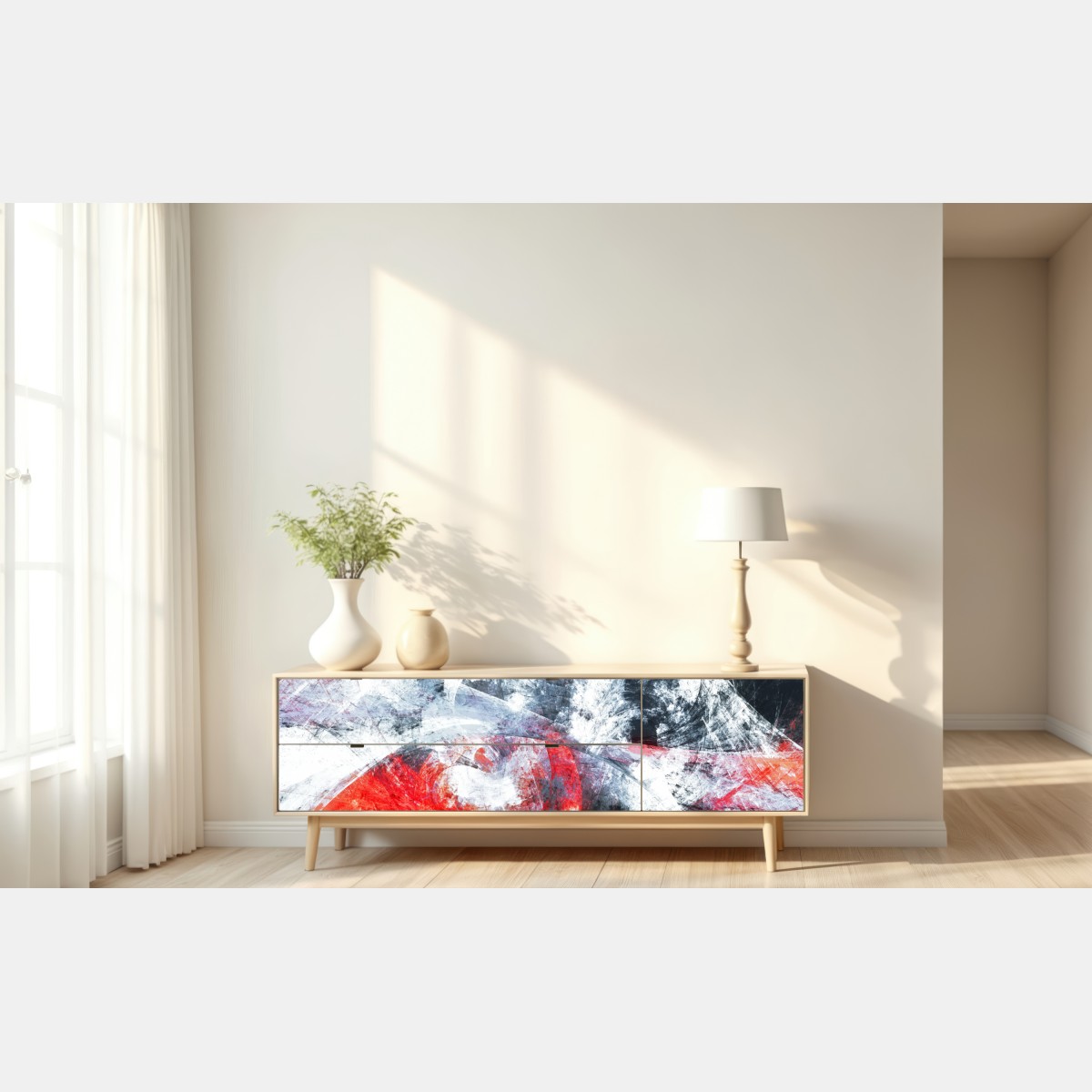 Naklejka repozycjonowalna dynamiczna czerwona i biała abstrakcyjna kompozycja – Wallissimo® Naklejka repozycjonowalna dynamiczna czerwona i biała abstrakcyjna kompozycja – Wallissimo®