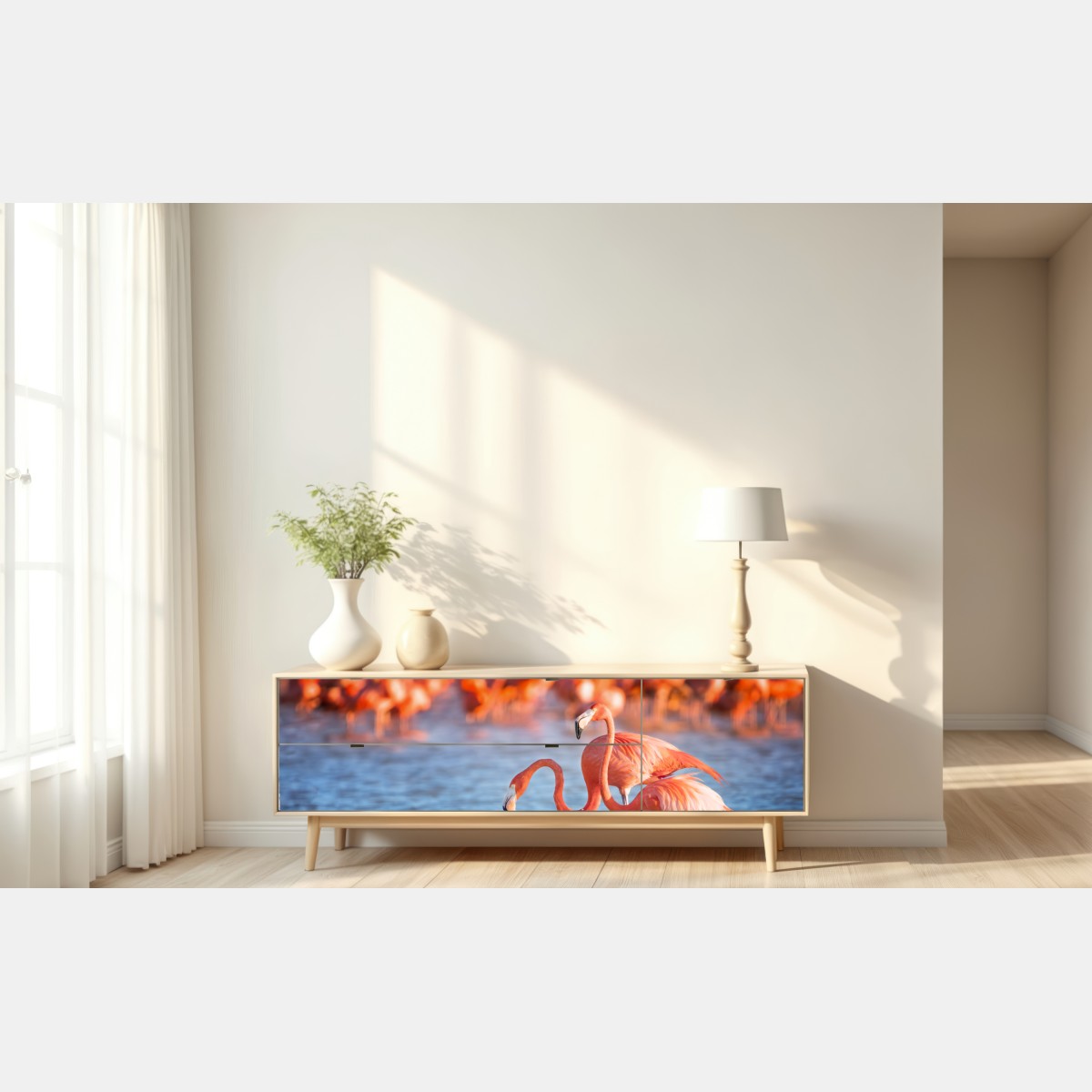 Naklejka repozycjonowalna wdzięczne flamingi w płytkiej wodzie – Wallissimo® Naklejka repozycjonowalna wdzięczne flamingi w płytkiej wodzie – Wallissimo®