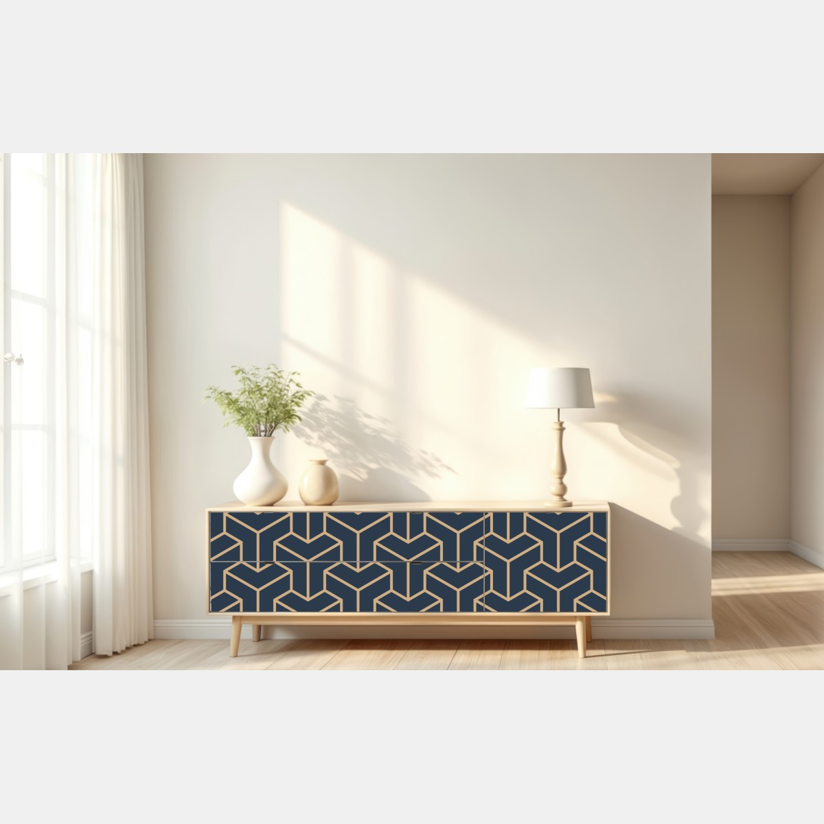 Naklejka repozycjonowalna granatowy geometryczny wzór sześcianów – Wallissimo® Naklejka repozycjonowalna granatowy geometryczny wzór sześcianów – Wallissimo®