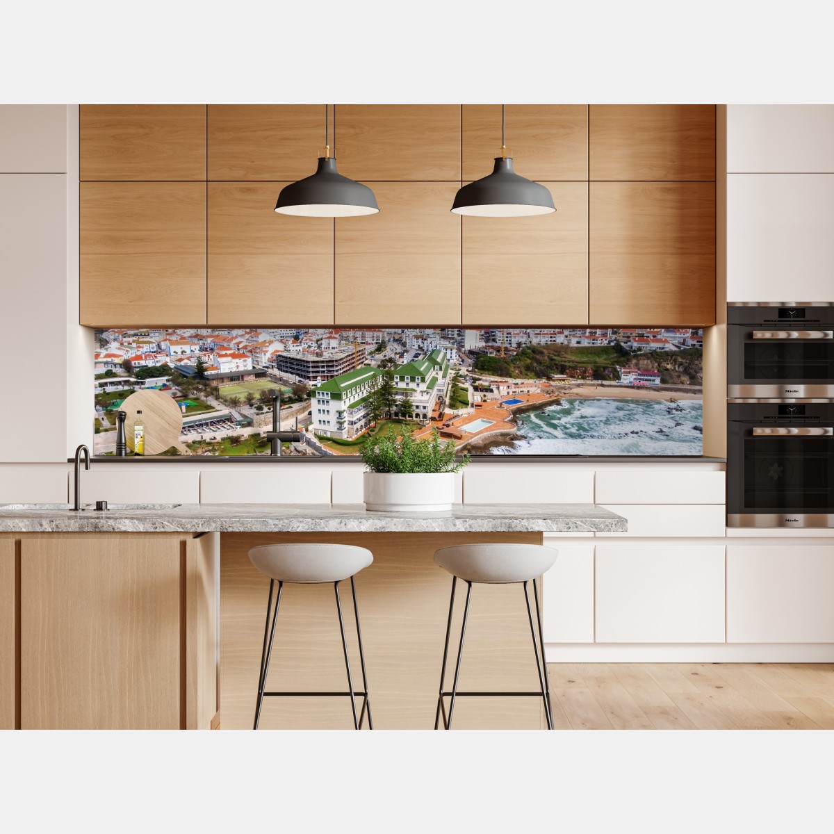 Naklejka repozycjonowalna widok z lotu ptaka na nadmorskie miasteczko z falami – Wallissimo® Naklejka repozycjonowalna widok z lotu ptaka na nadmorskie miasteczko z falami – Wallissimo®