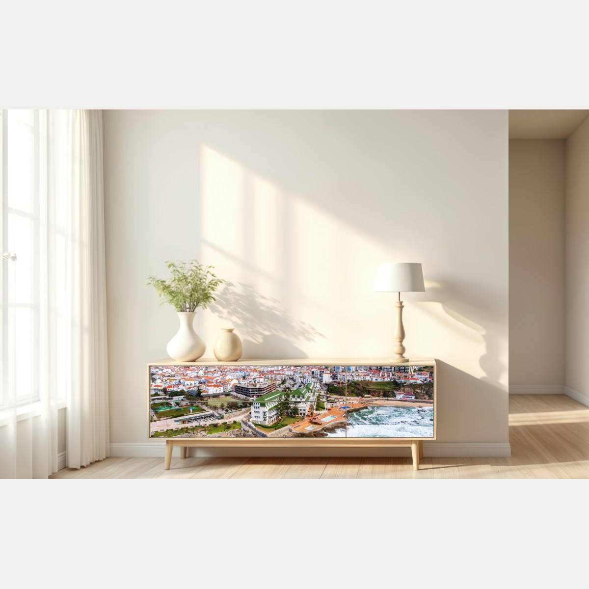 Naklejka repozycjonowalna widok z lotu ptaka na nadmorskie miasteczko z falami – Wallissimo® Naklejka repozycjonowalna widok z lotu ptaka na nadmorskie miasteczko z falami – Wallissimo®