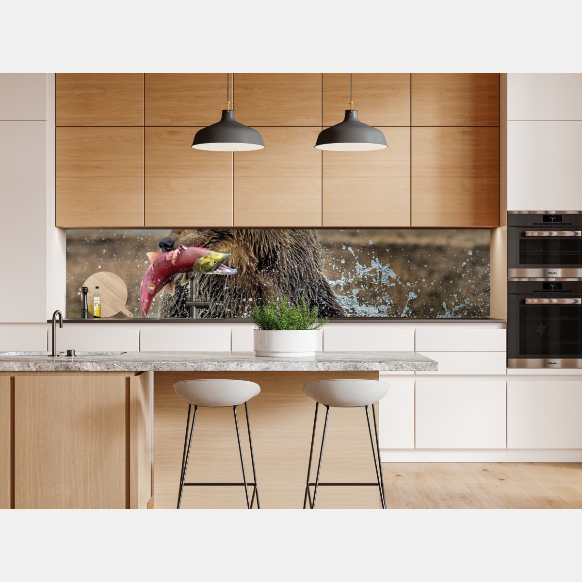 Naklejka repozycjonowalna niedźwiedź łapiący łososia w rzece – Wallissimo® Naklejka repozycjonowalna niedźwiedź łapiący łososia w rzece – Wallissimo®