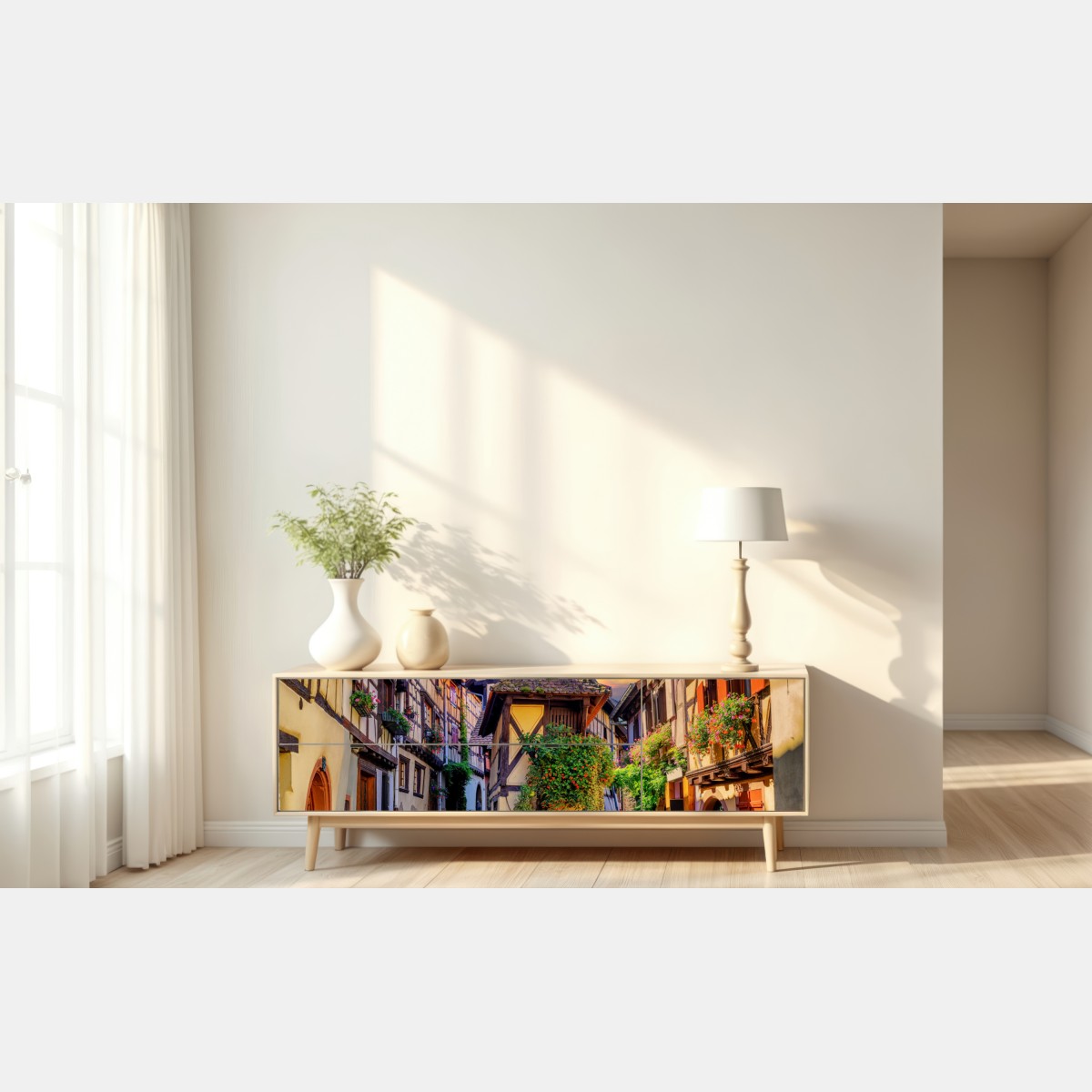 Naklejka repozycjonowalna urokliwa ulica domów szachulcowych w Eguisheim, Alsacja – Wallissimo® Naklejka repozycjonowalna urokliwa ulica domów szachulcowych w Eguisheim, Alsacja – Wallissimo®